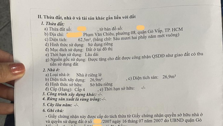 Bán nhà lô góc Phạm Văn Chiêu GV, 62.5m2, ngang 5.4m, nở hậu, Đ. 3m giá chỉ 3.x tỷ